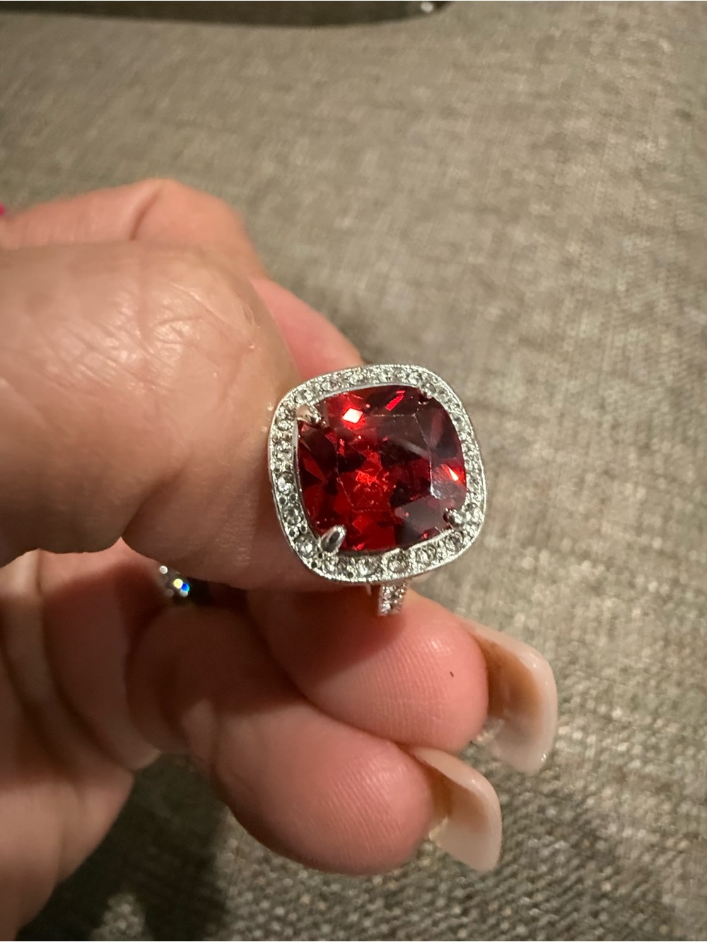 Avon Red Cushion Halo Ring with Silver Tone Accents
